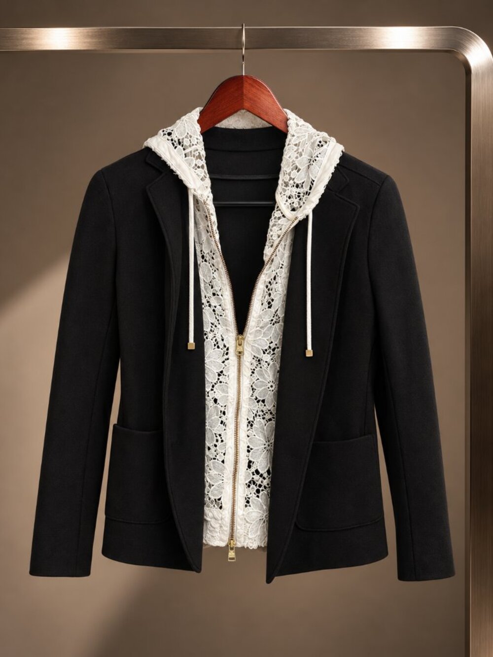 525 America Black Ponte Blazer Removable White Lace Zip Out Hoodie Dickey XS
